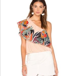 Free People Annka Bubble Tropical One Shoulder Vacation Blouse In Peach Medium